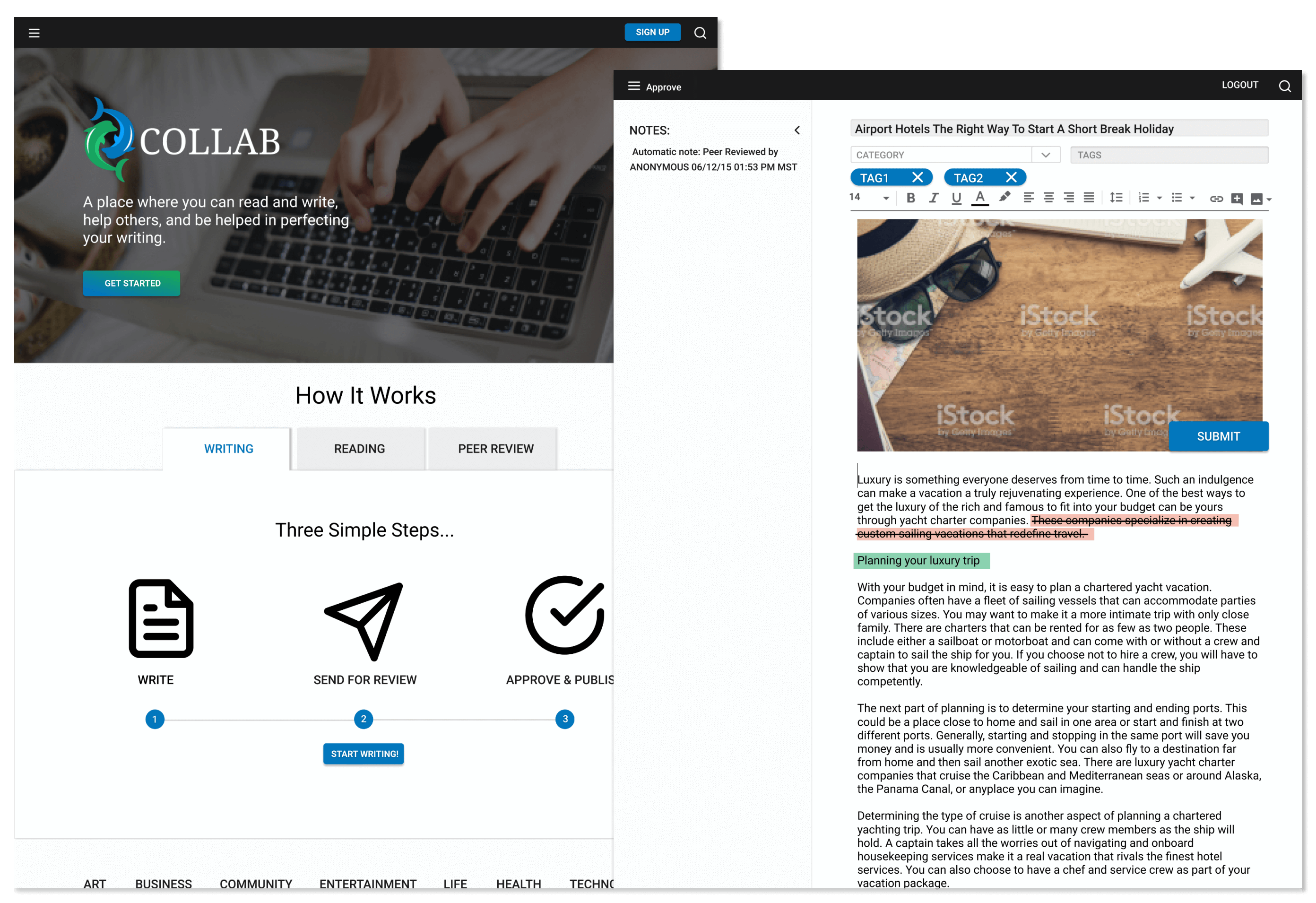 screenshot of collab homepage and collab editor