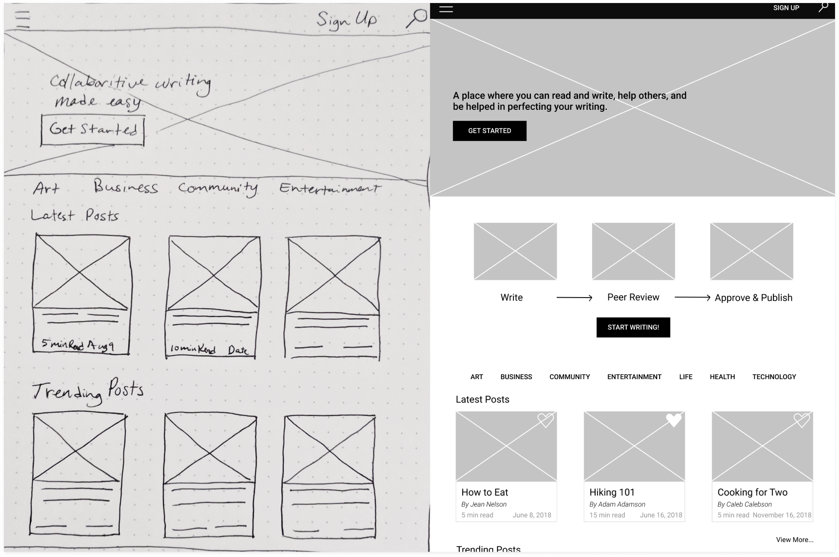 paper sketch and low fidelity homepage wireframes